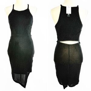 Speechless Black Bodycon Dress Small NWT Cutout Back Glitter Knit Sheer Hem